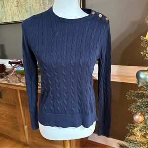 Ralph Lauren Petite Navy Cable Knit Sweater with Gold Buttons